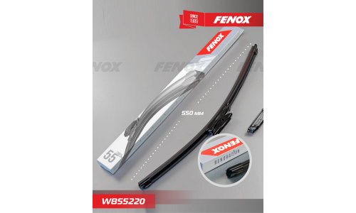 Щётка стеклоочистителя Fenox 550мм (22") бескаркасная, всесезонная, со спойлером, крепление J-Hook, Bayonet, VATL5.1, 1 шт, арт. WB55220