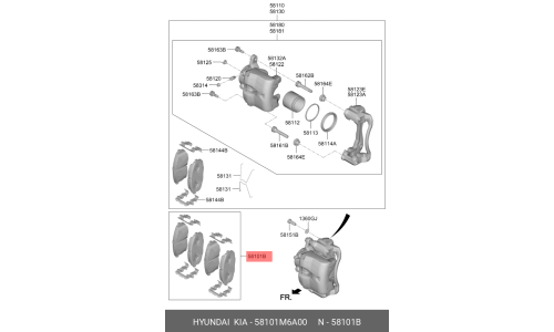 Колодки тормозные дисковые Hyundai/KIA, передние, комплект на ось (4 шт), арт. 58101M6A00