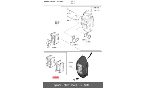 Колодки тормозные дисковые Hyundai/KIA, передние, комплект на ось (4 шт), арт. 58101J5A25