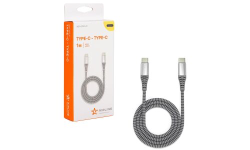 Кабель для мобильных устройств Airline, с USB Type-C на USB Type-C, 1м, серый, нейлоновый, поддержка Power Delivery, арт. ACH-CPD-27