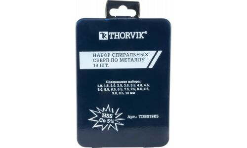Свёрла по металлу Thorvik, спиральные, HSS Co, Ø1–10мм, в пластиковом кейсе, 19 шт, арт. TDBS19K5