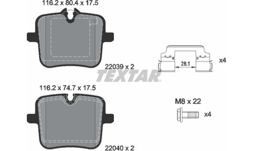 Колодки тормозные дисковые Textar, задние, комплект на ось (4 шт), арт. 2203901