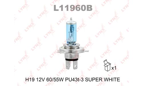 Лампа галогенная LYNXauto Super White H19 (PU43t-3, T11), 12В, 60/55Вт, 4200К, 1 шт, арт. L11960B