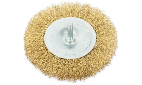 Щетка для дрели плоская 100 мм, со шпилькой, латунированная проволока d=0.3мм, 4500 об/мин ARNEZI, арт. R8041100