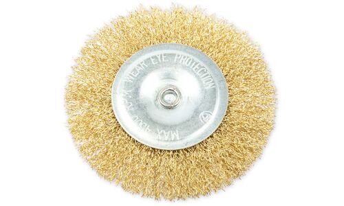 Щетка для дрели плоская 100 мм, со шпилькой, латунированная проволока d=0.3мм, 4500 об/мин ARNEZI, арт. R8041100