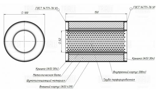 Стронгер Trialli, Ø100/50, длина 150мм, нержавеющая сталь, арт. ESM 10015050p
