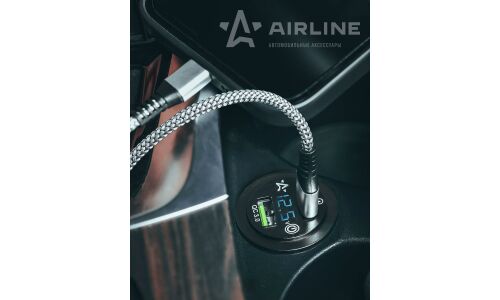Розетка встраиваемая Airline, 12/24В, 2xUSB QC (6.5В/3А, 9В/2А, 12В/1.5А), с вольтметром и функцией быстрой зарядки Quick Charge 3.0, арт. AEBJ202