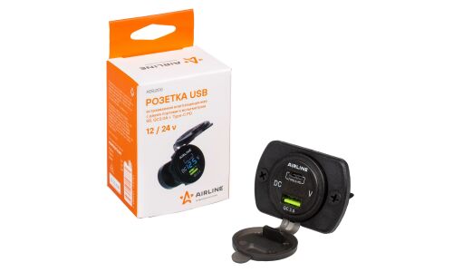 Розетка встраиваемая Airline, 12/24В, 1xUSB (5В/3А, 9В/2А, 12В/1.5А), 1xUSB Type-C (3.6-6.5В/3А, 6.5-9В/2А, 9-12В/1.5А), 33Вт, с функциями Power Delivery и Quick Charge 3.0, арт. AEBJ200