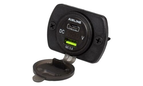 Розетка встраиваемая Airline, 12/24В, 1xUSB (5В/3А, 9В/2А, 12В/1.5А), 1xUSB Type-C (3.6-6.5В/3А, 6.5-9В/2А, 9-12В/1.5А), 33Вт, с функциями Power Delivery и Quick Charge 3.0, арт. AEBJ200