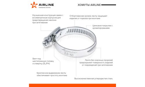 Хомут червячный Airline Ø40-56мм, ширина 9мм, оцинкованная сталь W1, 1 шт, арт. AHC-SZ-08