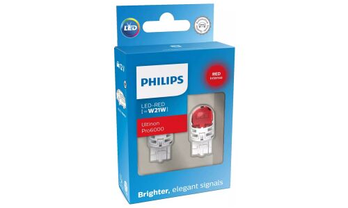 Лампа светодиодная Philips Ultinon Pro6000 W21W (W3x16d, T20), 12В, 2.3Вт (соответствует 21Вт), красная, комплект 2 шт, арт. 11065RU60X2