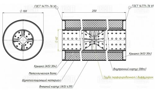Стронгер Trialli, Ø100/60, длина 200мм, нержавеющая сталь, арт. ESM 10020060d