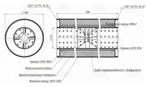 Стронгер Trialli, Ø100/55, длина 290мм, нержавеющая сталь, арт. ESM 10029055d