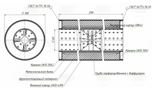 Стронгер Trialli, Ø100/60, длина 290мм, нержавеющая сталь, арт. ESM 10029060d