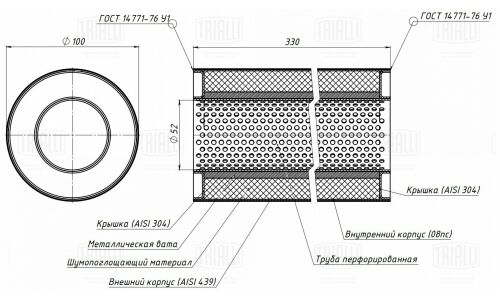 Стронгер Trialli, Ø100/50, длина 330мм, нержавеющая сталь, арт. ESM 10033050p