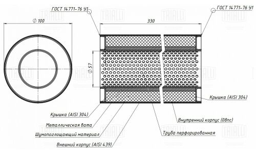Стронгер Trialli, Ø100/55, длина 330мм, нержавеющая сталь, арт. ESM 10033055p