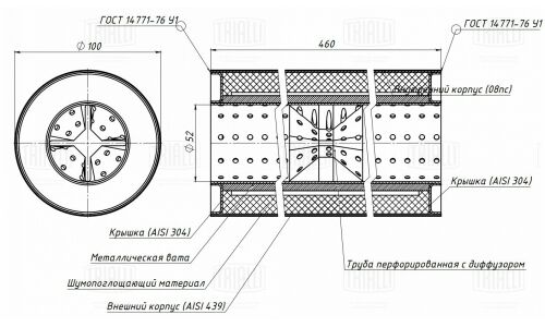 Стронгер Trialli, Ø100/50, длина 460мм, нержавеющая сталь, арт. ESM 10046050d