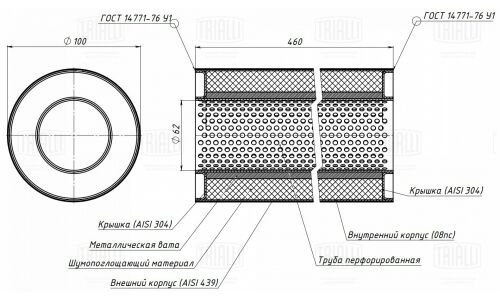 Стронгер Trialli, Ø100/60, длина 460мм, нержавеющая сталь, арт. ESM 10046060p