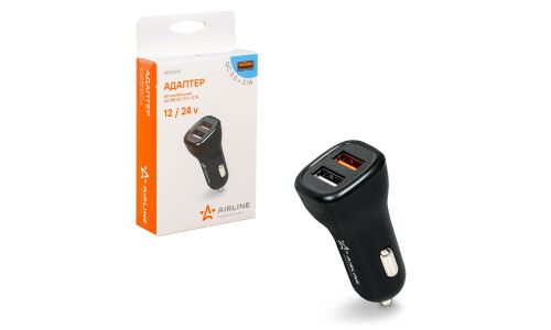 Зарядное устройство в прикуриватель Airline, 12/24В, 2хUSB (5В/2.1А + 5В/3А, 9В/2А, 12В/1.25А), с функцией быстрой зарядки Quick Charge 3.0, арт. AEAK015