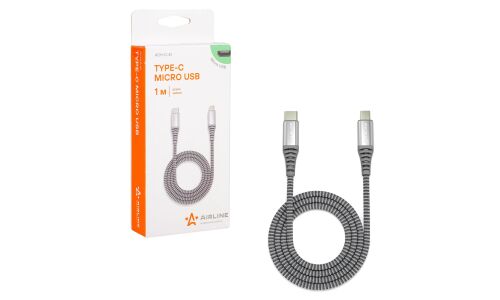 Кабель для мобильных устройств Airline, с USB Type-C на MicroUSB, 1м, серый, нейлоновый, арт. ACH-C-41