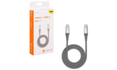 Кабель для мобильных устройств Airline, с USB Type-C на USB Type-C, 2м, серый, нейлоновый, поддержка Power Delivery, арт. ACH-C-42