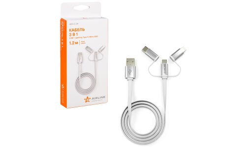 Кабель для мобильных устройств Airline, Soft-Touch, с USB на USB Type-C / MicroUSB / Lightning, 1.2м, белый, арт. ACH-C-49