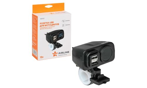 Розетка встраиваемая Airline, для мотоциклов, 12В, 2xUSB (5В, 2.1А), 180Вт, с предохранителем, с вольтметром и термометром, арт. AEBJ209