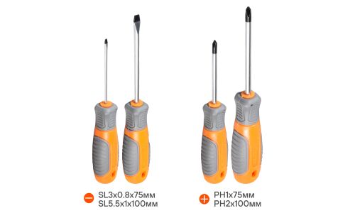 Набор отвёрток Airline, шлицевые (SL3, SL5.5) и крестовые (PH1, PH2), стержни 75, 100мм, 4 предмета, арт. AT-4-43