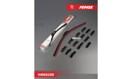 Щётка стеклоочистителя Fenox 650мм (26") бескаркасная, всесезонная, 14 переходников, 1 шт, арт. WB65230