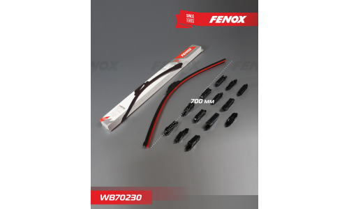 Щётка стеклоочистителя Fenox 700мм (28") бескаркасная, всесезонная, со спойлером, 14 переходников, 1 шт, арт. WB70230