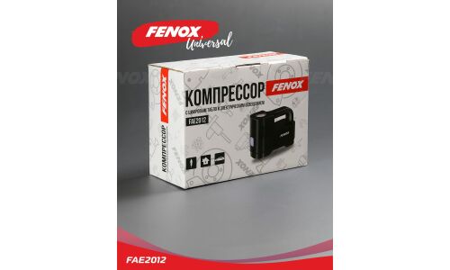 Компрессор автомобильный Fenox, 12В, 10А, 35л/мин, 10атм, длина шланга 50см, с фонариком, арт. FAE2012