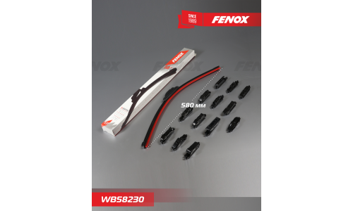 Щётка стеклоочистителя Fenox 580мм (23") бескаркасная, всесезонная, со спойлером, 14 переходников, 1 шт, арт. WB58230