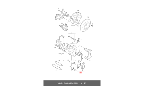 Колодки тормозные дисковые VAG, задние, комплект на ось (4 шт), арт. 5WA698451G
