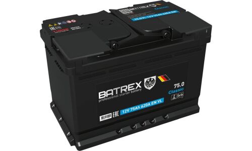 Аккумулятор Batrex Classic L3(H6) L, 75Ач, CCA 620А, обслуживаемый, арт. 4610082700291