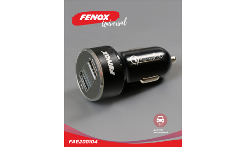 Зарядное устройство в прикуриватель Fenox, 12/24В, 2хUSB (5В/2.4А, 6.5В/3А), с функцией быстрой зарядки Quick Charge 3.0, арт. FAE200104