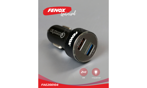 Зарядное устройство в прикуриватель Fenox, 12/24В, 2хUSB (5В/2.4А, 6.5В/3А), с функцией быстрой зарядки Quick Charge 3.0, арт. FAE200104
