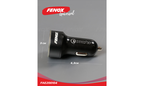Зарядное устройство в прикуриватель Fenox, 12/24В, 2хUSB (5В/2.4А, 6.5В/3А), с функцией быстрой зарядки Quick Charge 3.0, арт. FAE200104