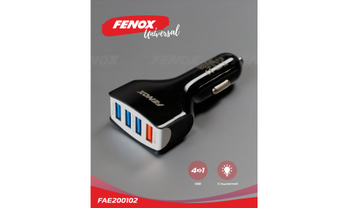 Зарядное устройство в прикуриватель Fenox, 12/24В, 4xUSB (5В, 2.4/3.1А), с подсветкой и функцией быстрой зарядки Quick Charge 3.0, арт. FAE200102