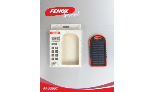 Аккумулятор внешний (Power Bank) Fenox, 5000мАч, вход microUSB, выходы 2xUSB, 5В, солнечная батарея, фонарик, индикатор заряда, арт. FAU2007