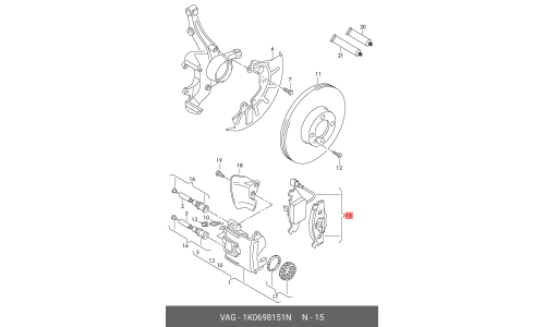 Колодки тормозные дисковые VAG, передние, комплект на ось (4 шт), арт. 1K0 698 151 N