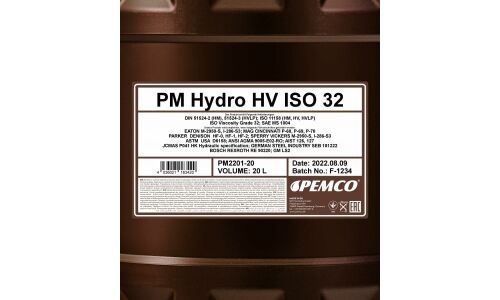 Масло гидравлическое Pemco Hydro HV ISO 32, минеральное, 20л, арт. PM2201-20