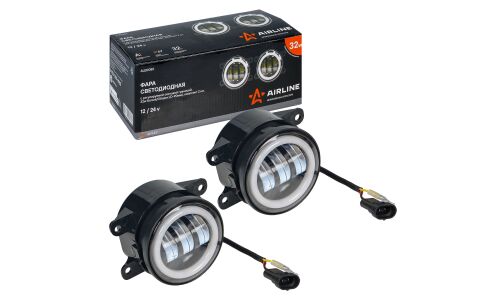 Фара светодиод, регулир.свет.гр-ца, 32Вт Белый/Ободок, D-90мм, кмпл 2шт. PRO AIRLINE, арт. ALED080