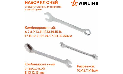 Набор комбинированных ключей Airline, от 6 до 36мм, 27 предметов, арт. AT-27-46