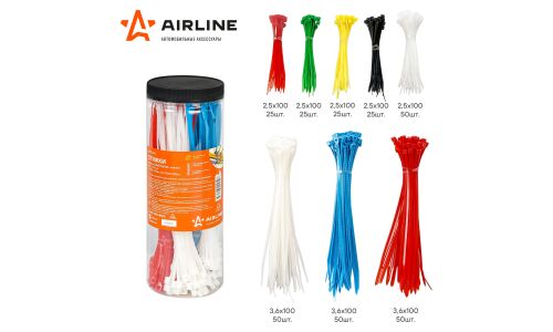 Хомут нейлоновый (стяжка) Airline, 2.5x100 / 3.6x200мм, в ассортименте, комплект 300 шт, арт. ADTC001