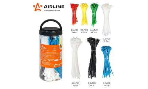 Хомут нейлоновый (стяжка) Airline, 2.5x100 / 3.6x150 / 4.8x200мм, в ассортименте, комплект 650 шт, арт. ADTC002