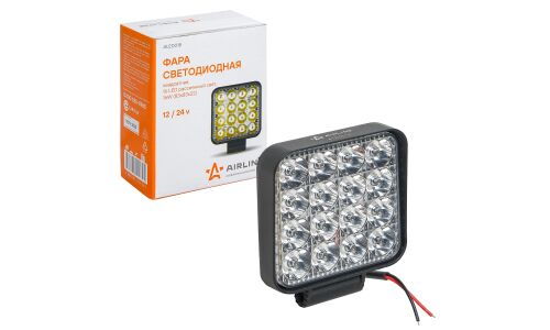 Фара светодиодная квадратная, 16 LED рассеяный свет, 16W, (83х83х22) 12/24V AIRLINE, арт. ALED018