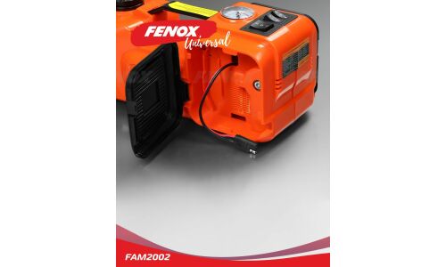 Домкрат электрогидравлический Fenox, 5000кг, подъём 135–360мм, 12В, с функцией компрессора (35л/мин, 10атм, шланг 60см, насадки), фонарь, перчатки, в кейсе, арт. FAM2002
