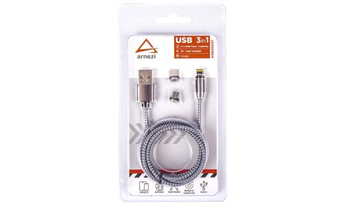 Кабель для мобильных устройств Arnezi, с USB на MiniUSB / MicroUSB / Lightning, 1м, 3А, магнитный коннектор, арт. A0605037