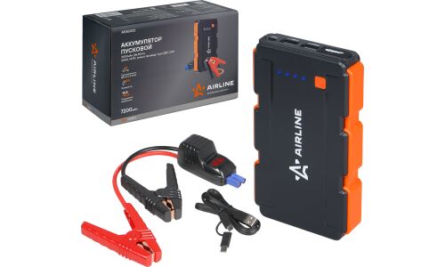Портативное пусковое устройство Airline, с функцией Power Bank, 7200мАч, 12В, ток пуска 400А, 2хUSB порта, с фонариком, арт. AEAB005