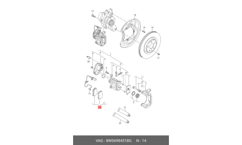 Колодки тормозные дисковые VAG, задние, комплект на ось (4 шт), арт. 8W0698451BG